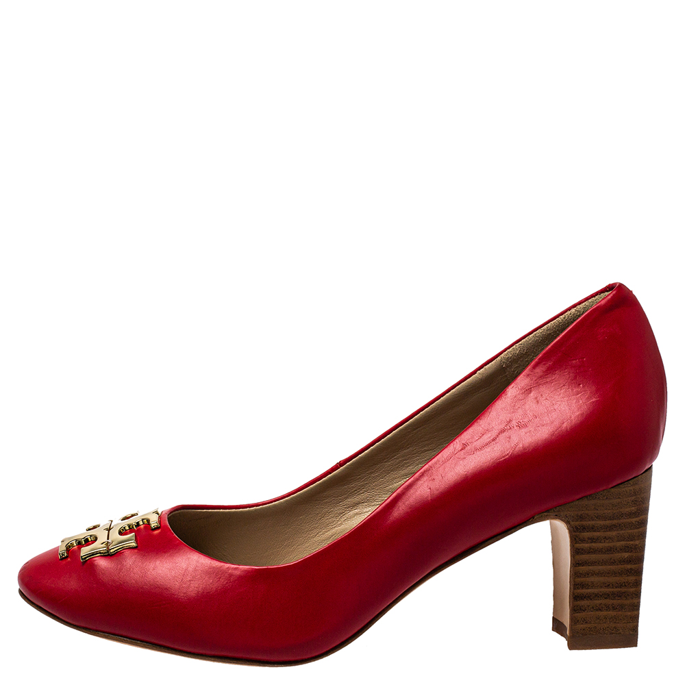 

Tory Burch Red Leather T Logo Block Heel Slip On Pumps Size