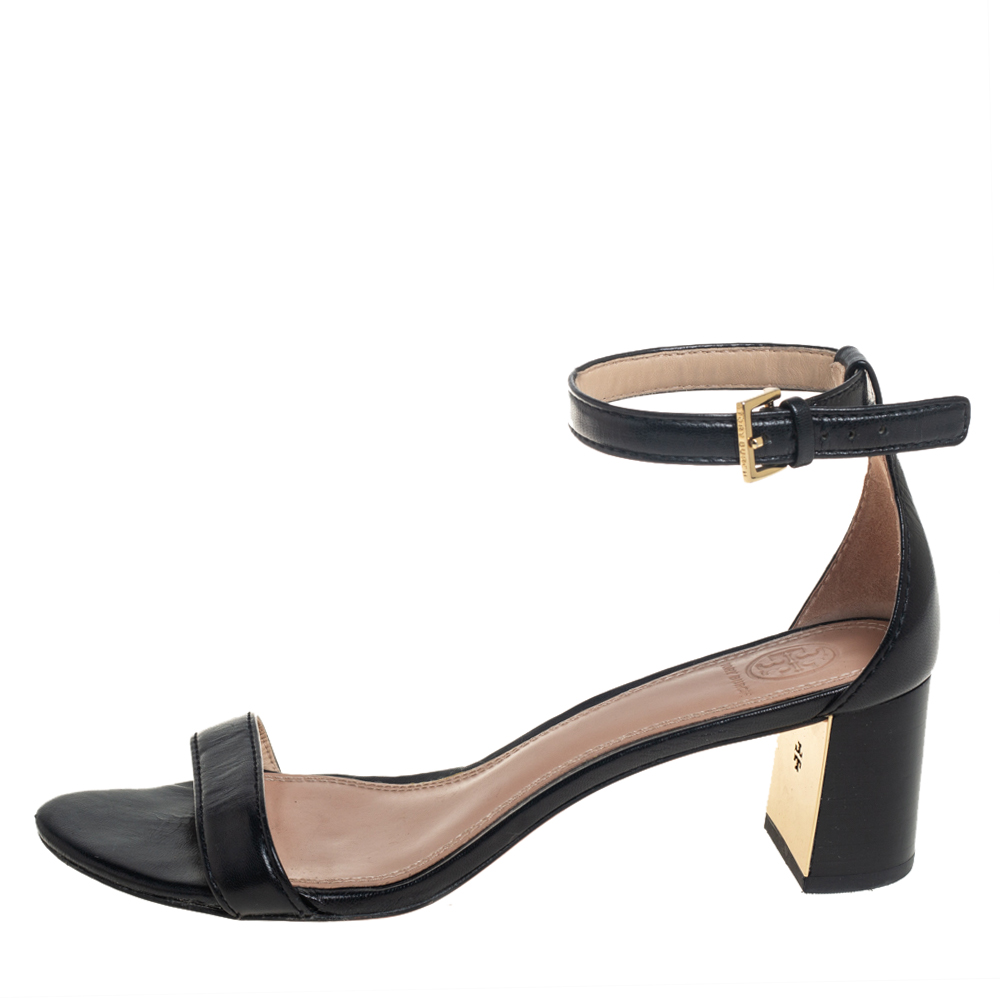 

Tory Burch Black Leather Block Heel Ankle Strap Sandals Size