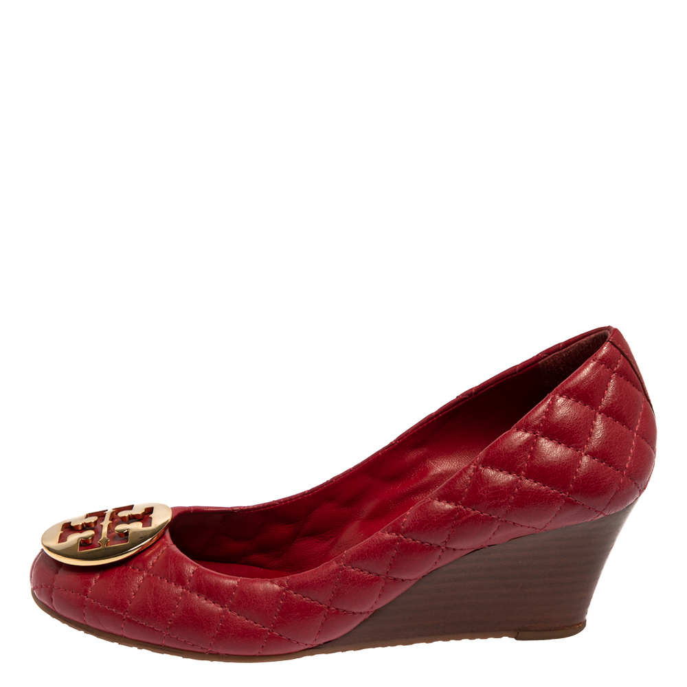 

Tory Burch Red Quilted Leather Reva Logo Studded Wedge Pumps Size