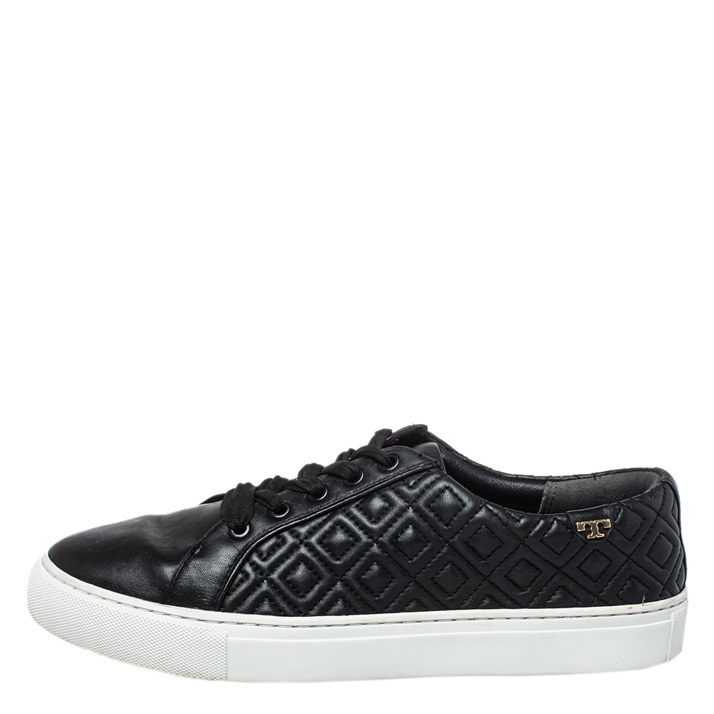 

Tory Burch Black Quilted Leather Low Top Sneakers Size