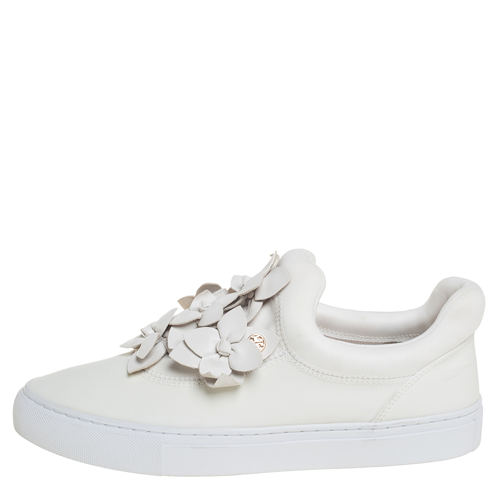 

Tory Burch White Leather Blossom Floral Applique Slip On Sneakers Size