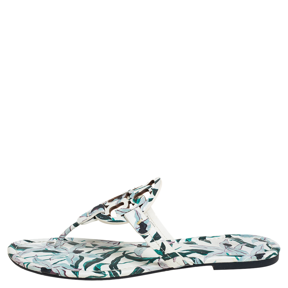 

Tory Burch White/Green Floral Print Leather Miller Flat Thong Sandals Size