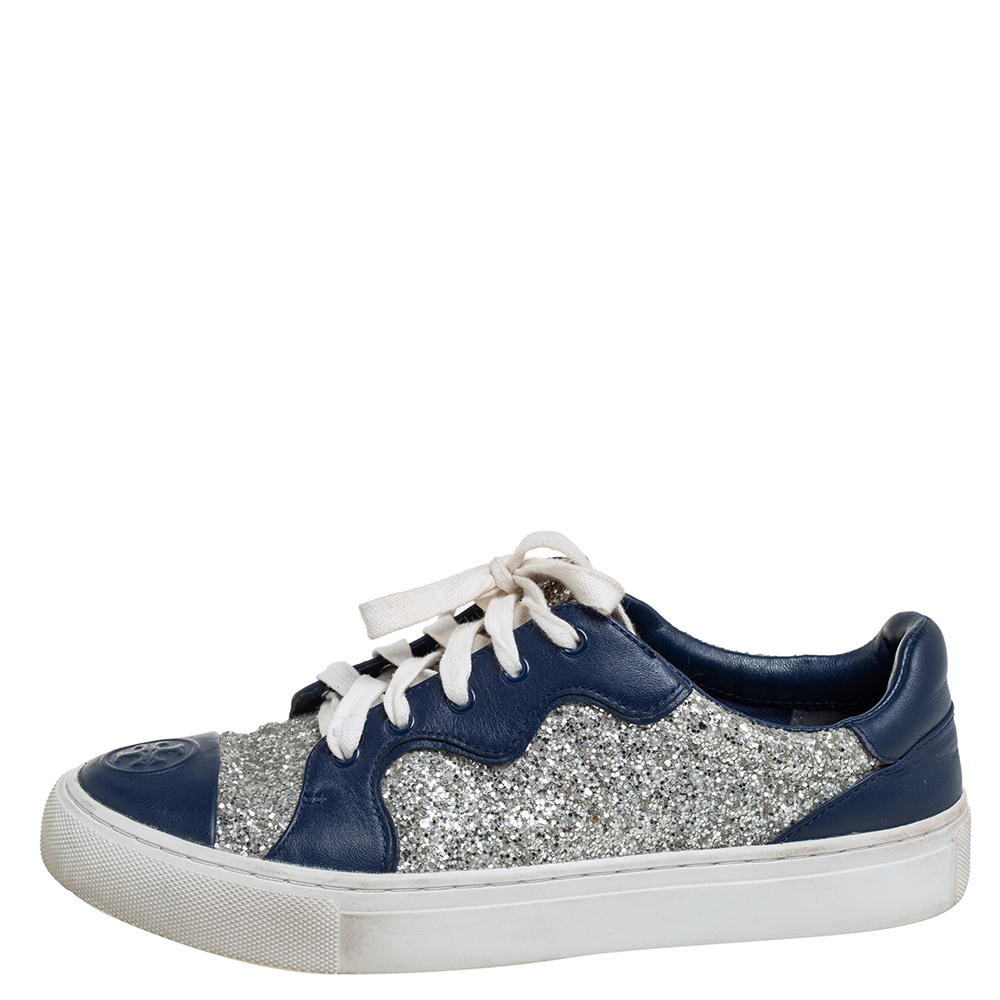 

Tory Burch Blue/Silver Leather And Glitter Milo Low Top Sneakers Size