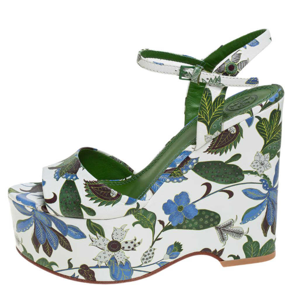 

Tory Burch Multicolor Floral Print Leather Ankle Strap Wedge Sandals Size