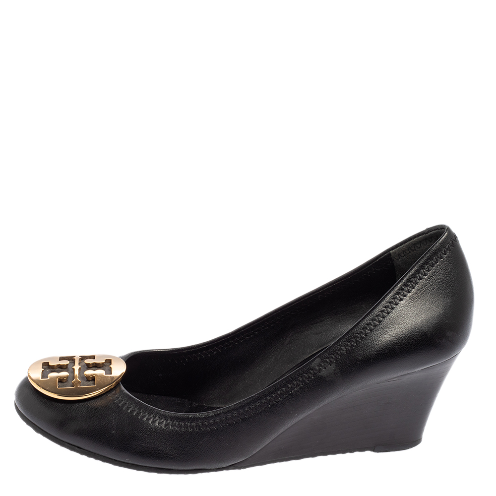 

Tory Burch Black Leather Sophie Embellished Wedge Pumps Size
