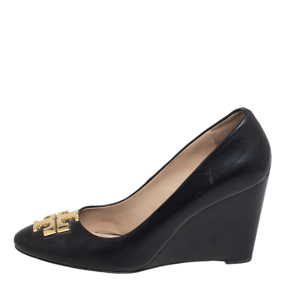 

Tory Burch Black Leather Logo Wedge Size