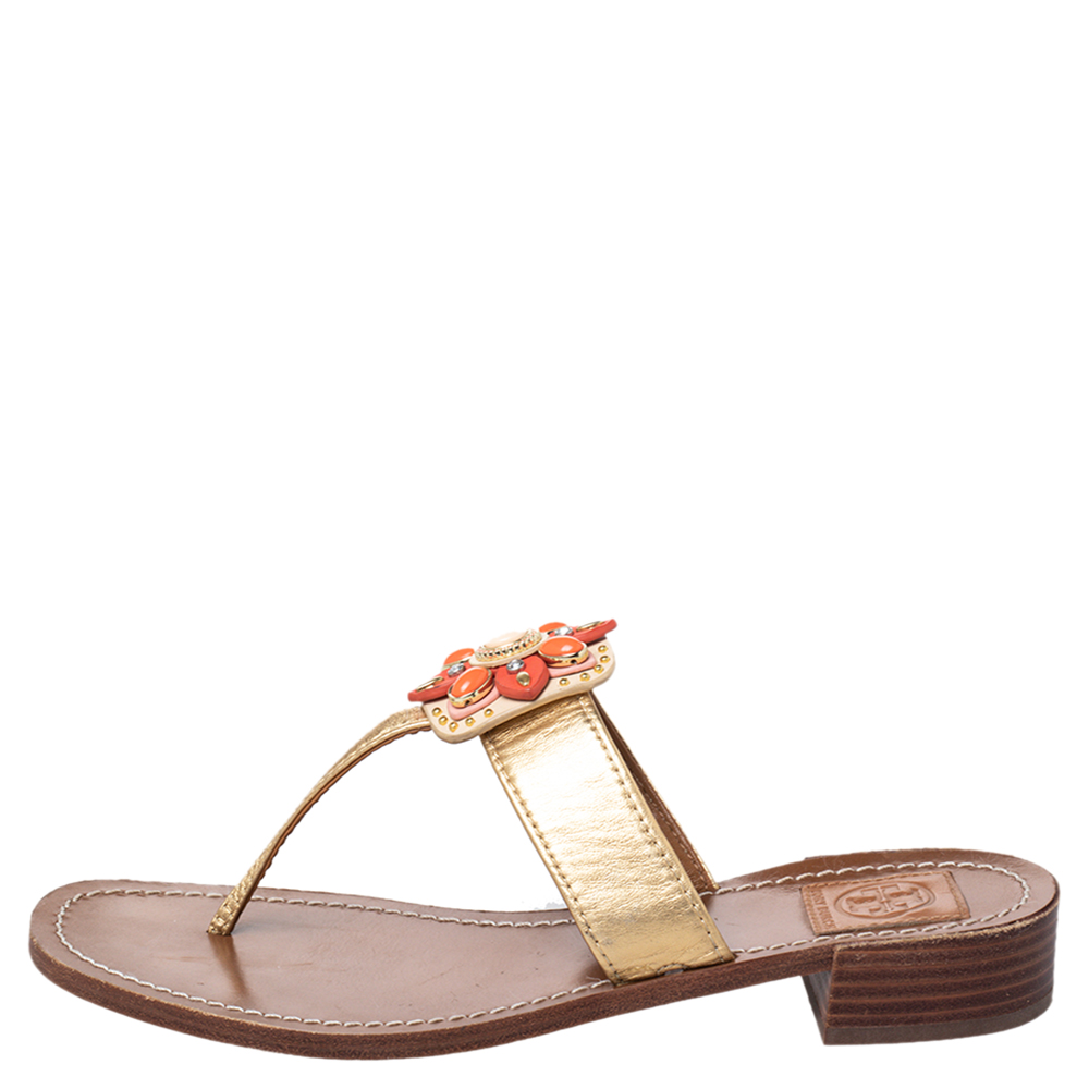 

Tory Burch Gold Leather Embellished Thong Sandals Size