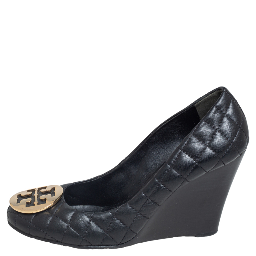 

Tory Burch Black Quilted Leather Reva Wedge Pumps Size