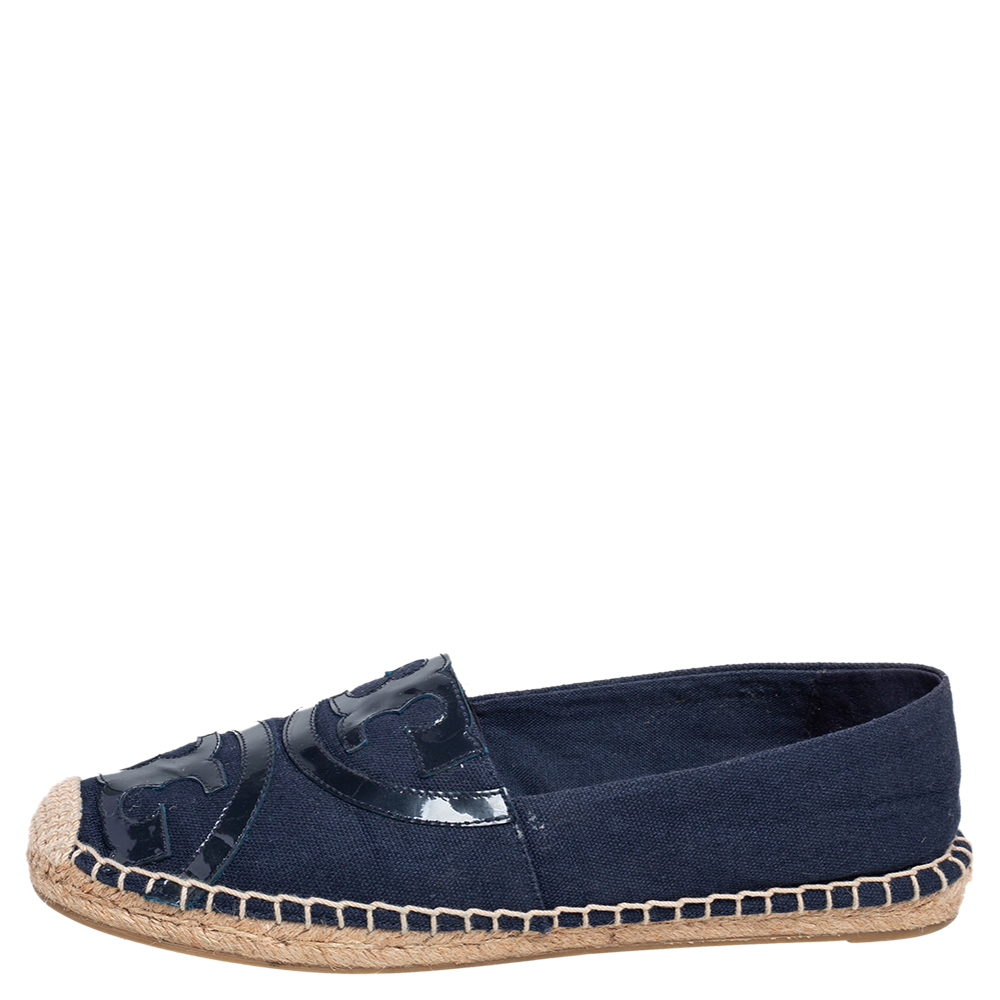

Tory Burch Blue Canvas and Patent Leather Espadrille Flats Size