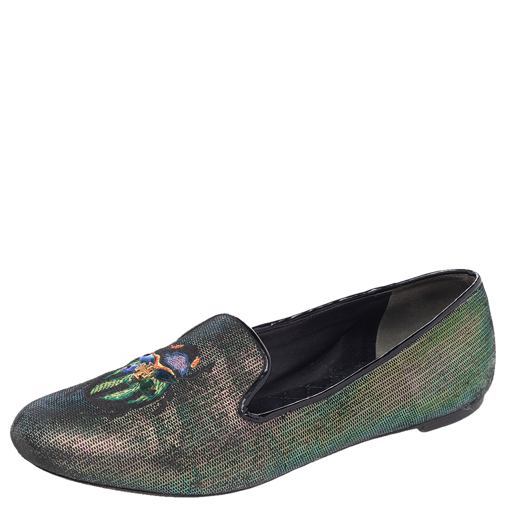 

Tory Burch Multicolor Iridescent Leather Beetle Embroidered Smoking Slippers Size