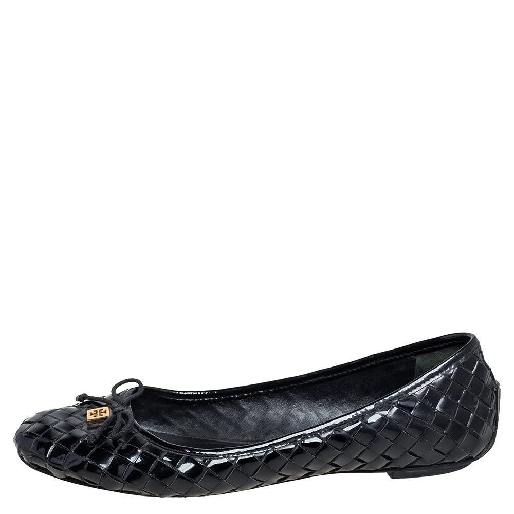 

Tory Burch Black Woven Patent Leather Bow Ballet Flats Size