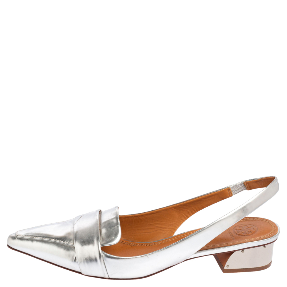 

Tory Burch Silver Leather Slingback Sandals Size