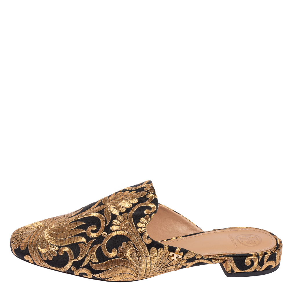 

Tory Burch Gold/Black Fabric Carlotta Embroidered Mules Size