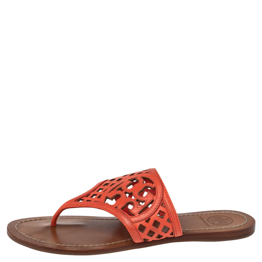 

Tory Burch Coral Red Lattice Leather Flat Thong Sandals Size