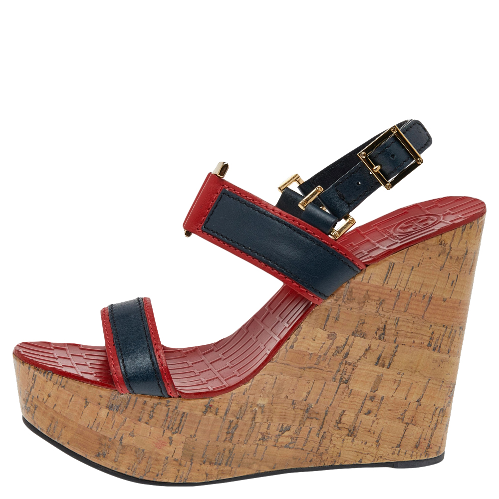 

Tory Burch Red/Blue Leather Cork Wedge Platform Slingback Sandals Size
