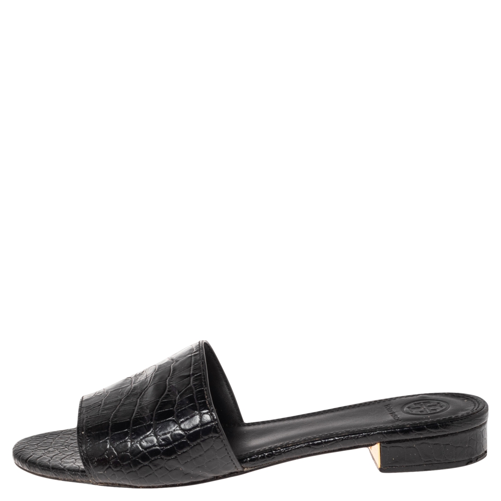 

Tory Burch Black Croc Embossed Leather Slide Sandals Size