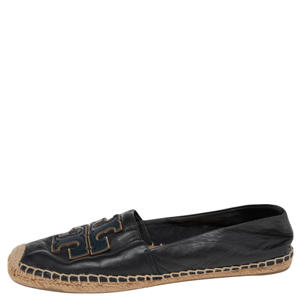 

Tory Burch Navy Blue Leather Ines Logo Espadrille Flats Size