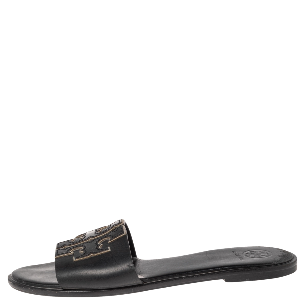 

Tory Burch Black Leather Double T Slide Flat Sandals Size