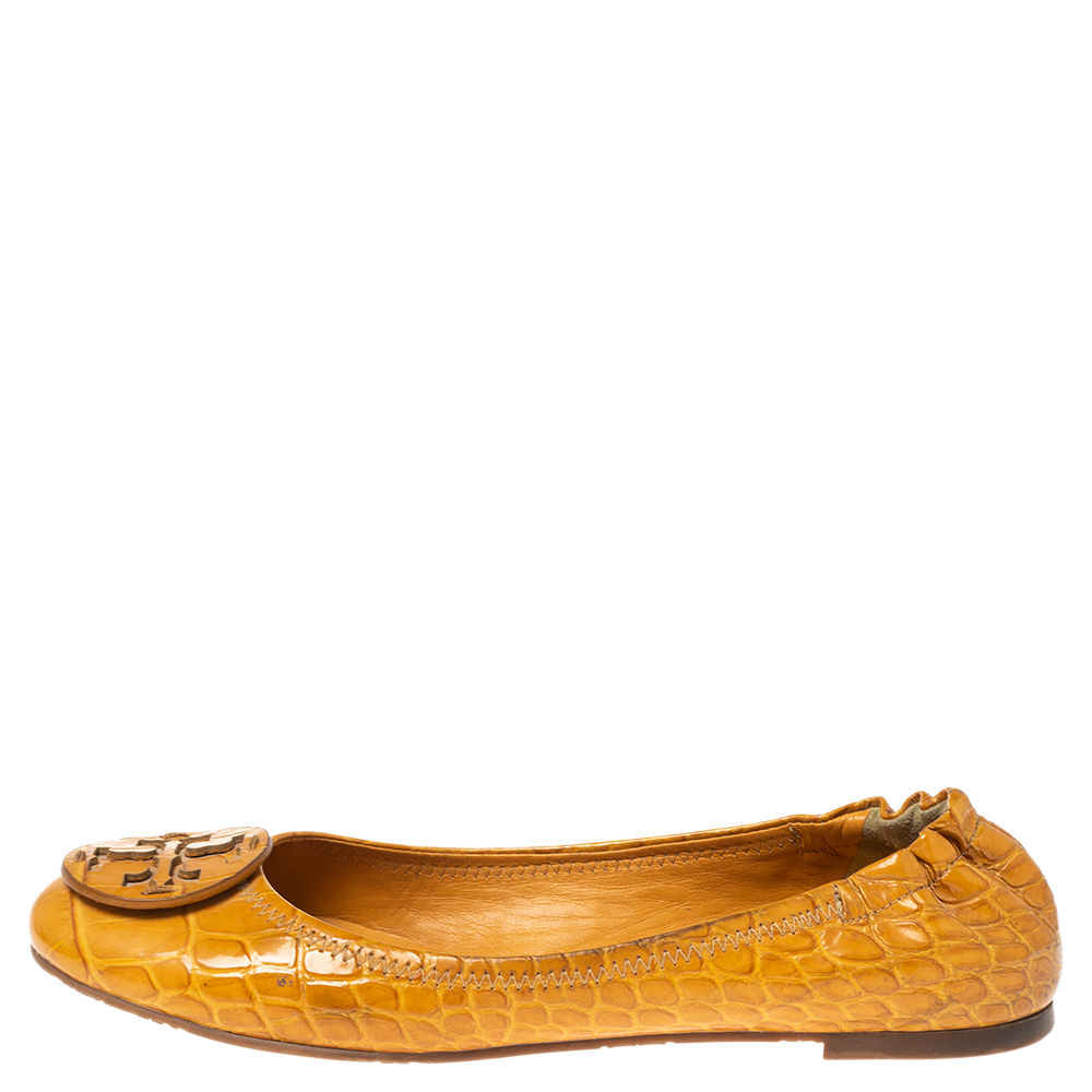 

Tory Burch Mustard Croc Embossed Leather Minnie Travel Ballet Flats Size, Yellow