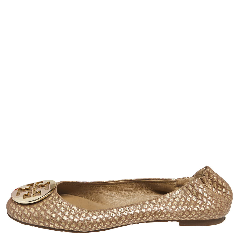 

Tory Burch Brown Suede And Python Embossed Leather Reva Ballet Flats Size, Beige