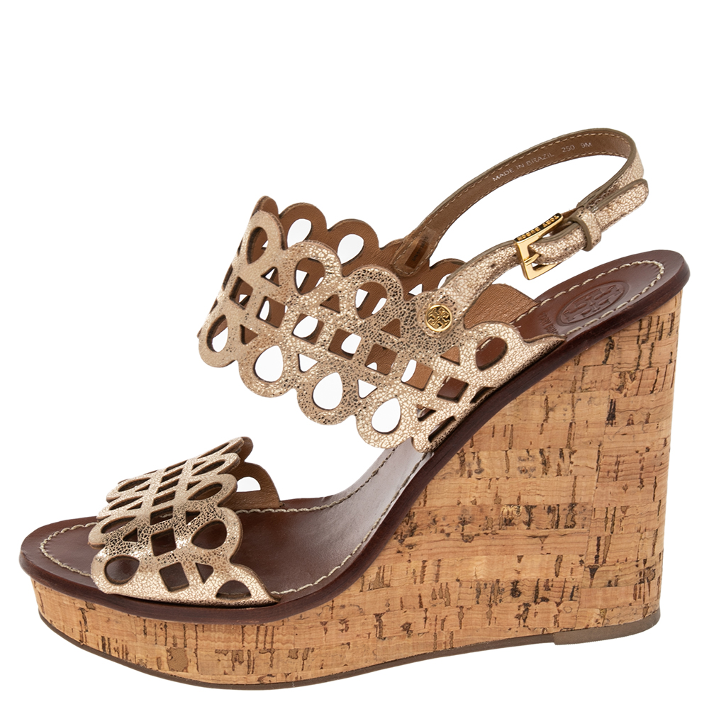 

Tory Burch Shimmery Gold Laser Cut Leather Nori Cork Wedges Platform Sandals Size