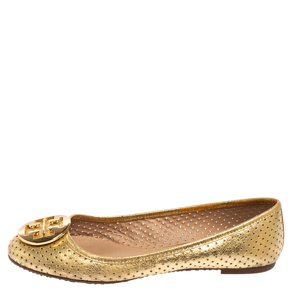 

Tory Burch Gold Leather Reva Ballet Flats Size