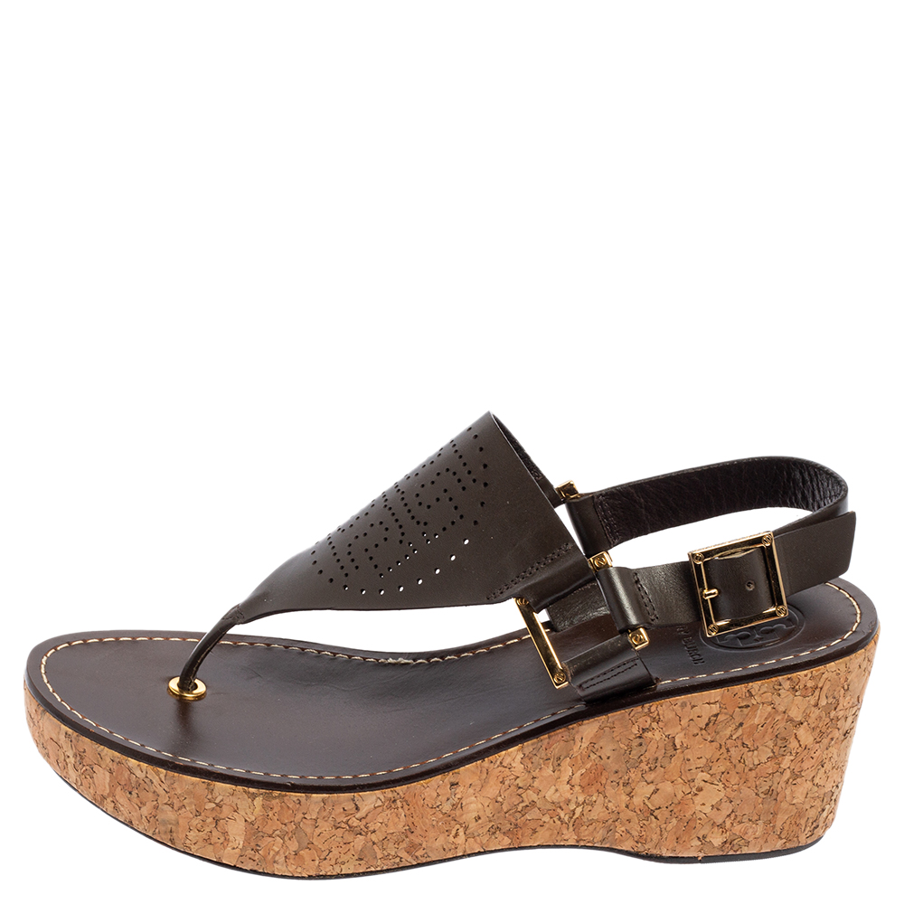 

Tory Burch Brown Leather Cork Wedge Platform Thong Sandals Size