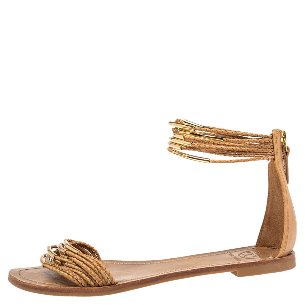 

Tory Burch Tan Leather Mignon Braided Flat Sandals Size