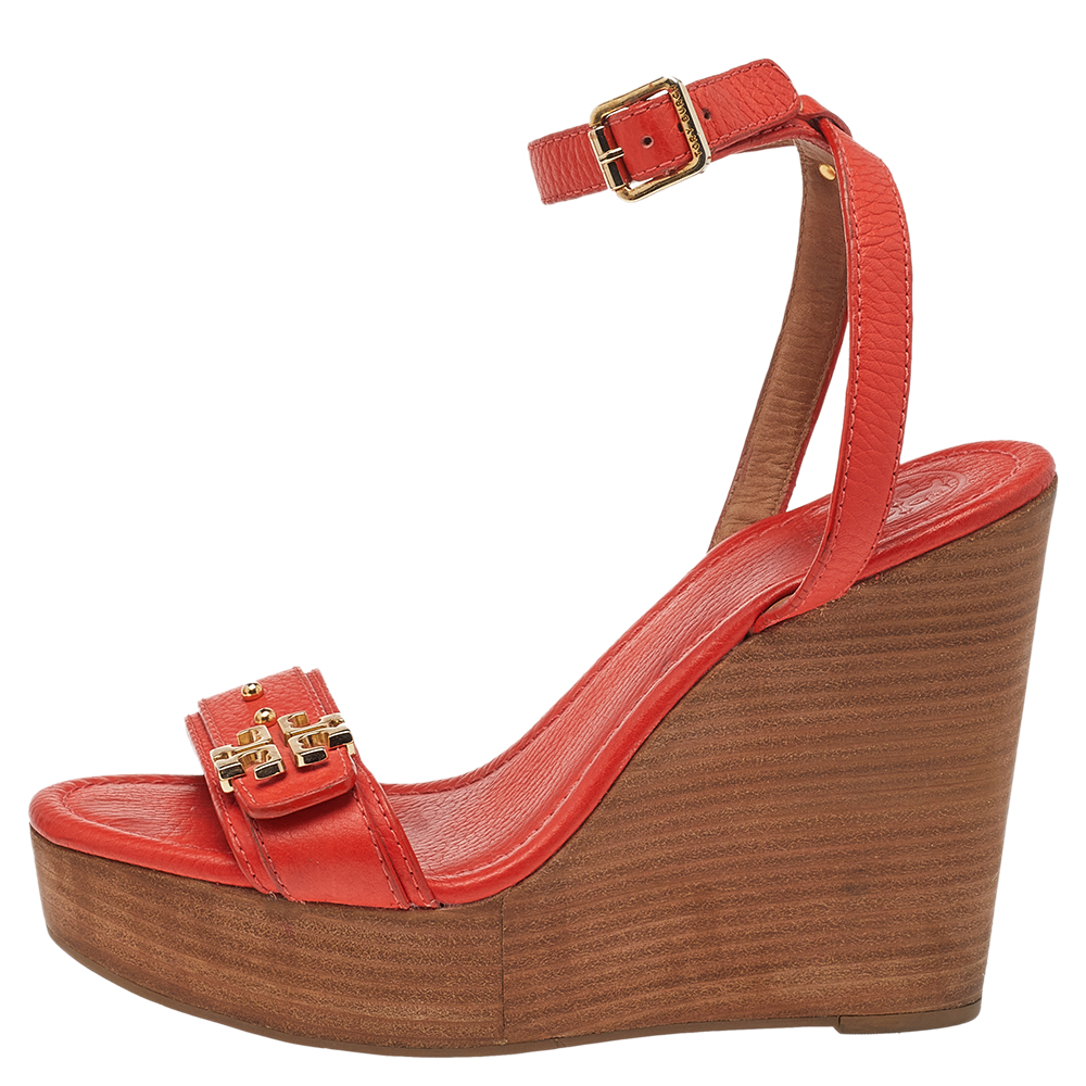 

Tory Burch Coral Red Leather Open Toe Ankle Strap Wedge Sandals Size