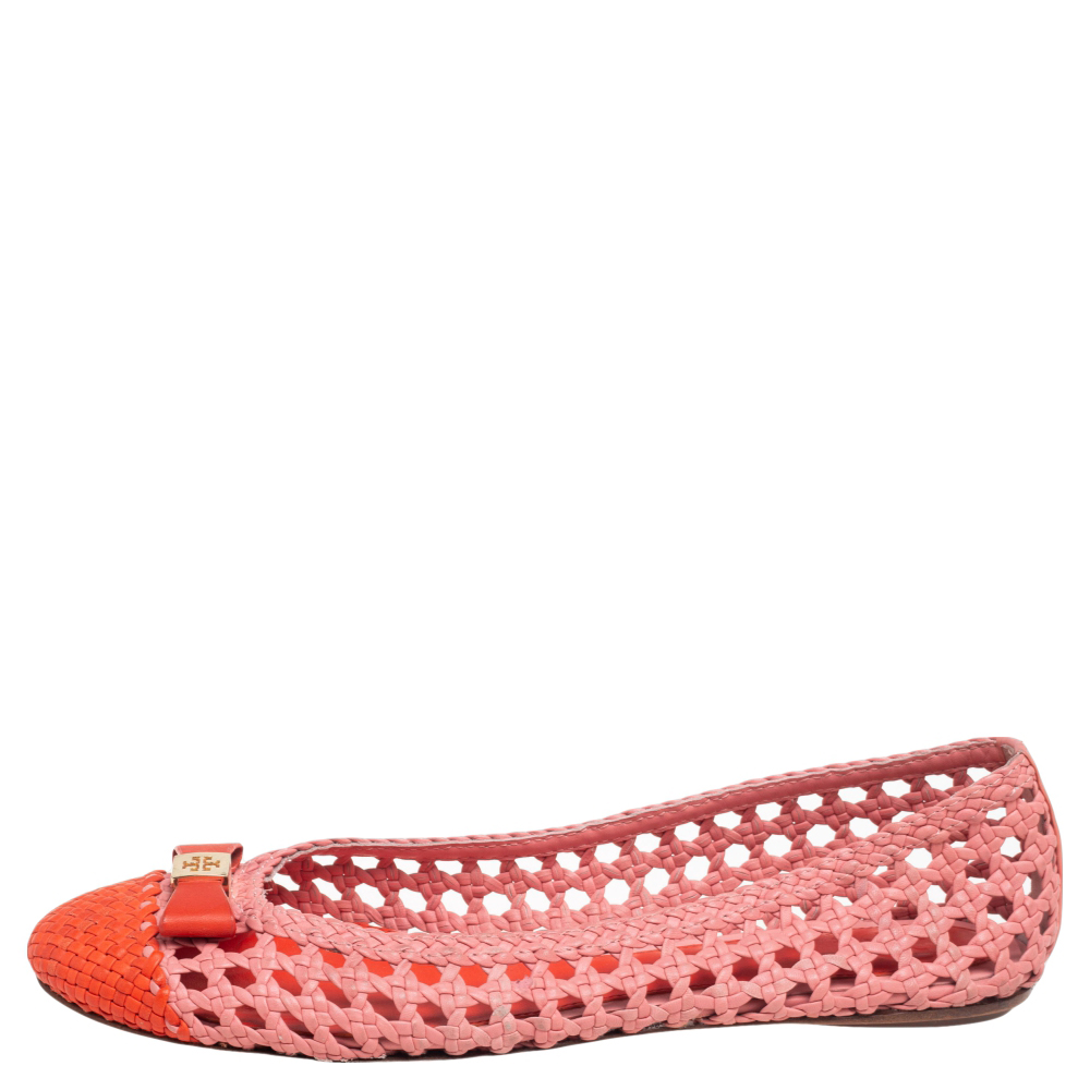 

Tory Burch Pink/Orange Woven Leather Carlyle Ballet Flat Size