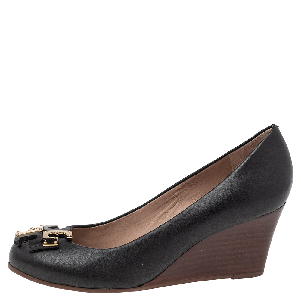 

Tory Burch Black Leather Lowel Wedge Pumps Size