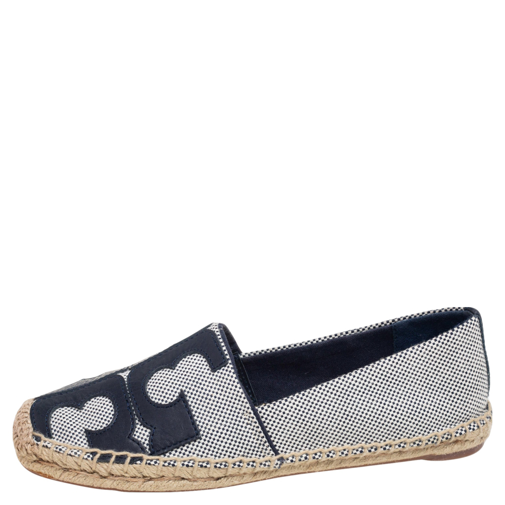 

Tory Burch Blue/White Canvas And Leather Poppy Logo Espadrilles Size