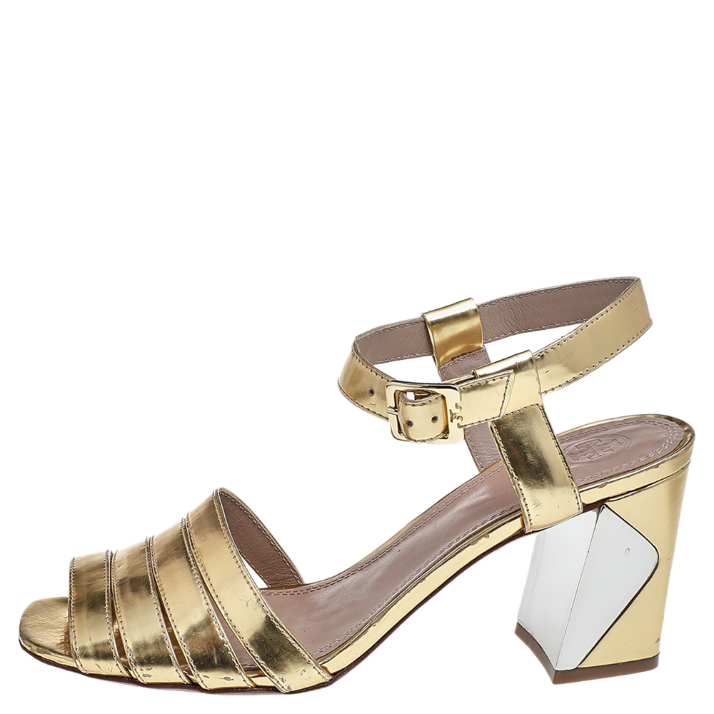 

Tory Burch Metallic Gold Leather Block Heel Ankle Strap Sandals Size