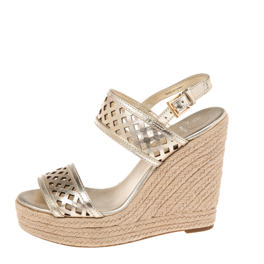 

Tory Burch Shimmery Gold Laser Cut Leather Nori Cork Wedges Espadrille Sandals Size