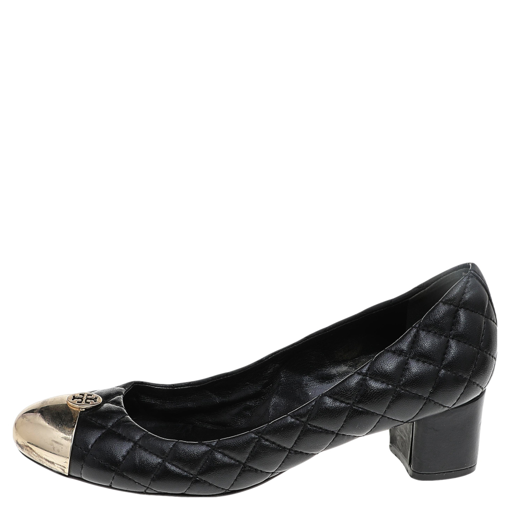 

Tory Burch Black Quilted Leather Kaitlin Metal Cap Toe Block Heel Pumps Size