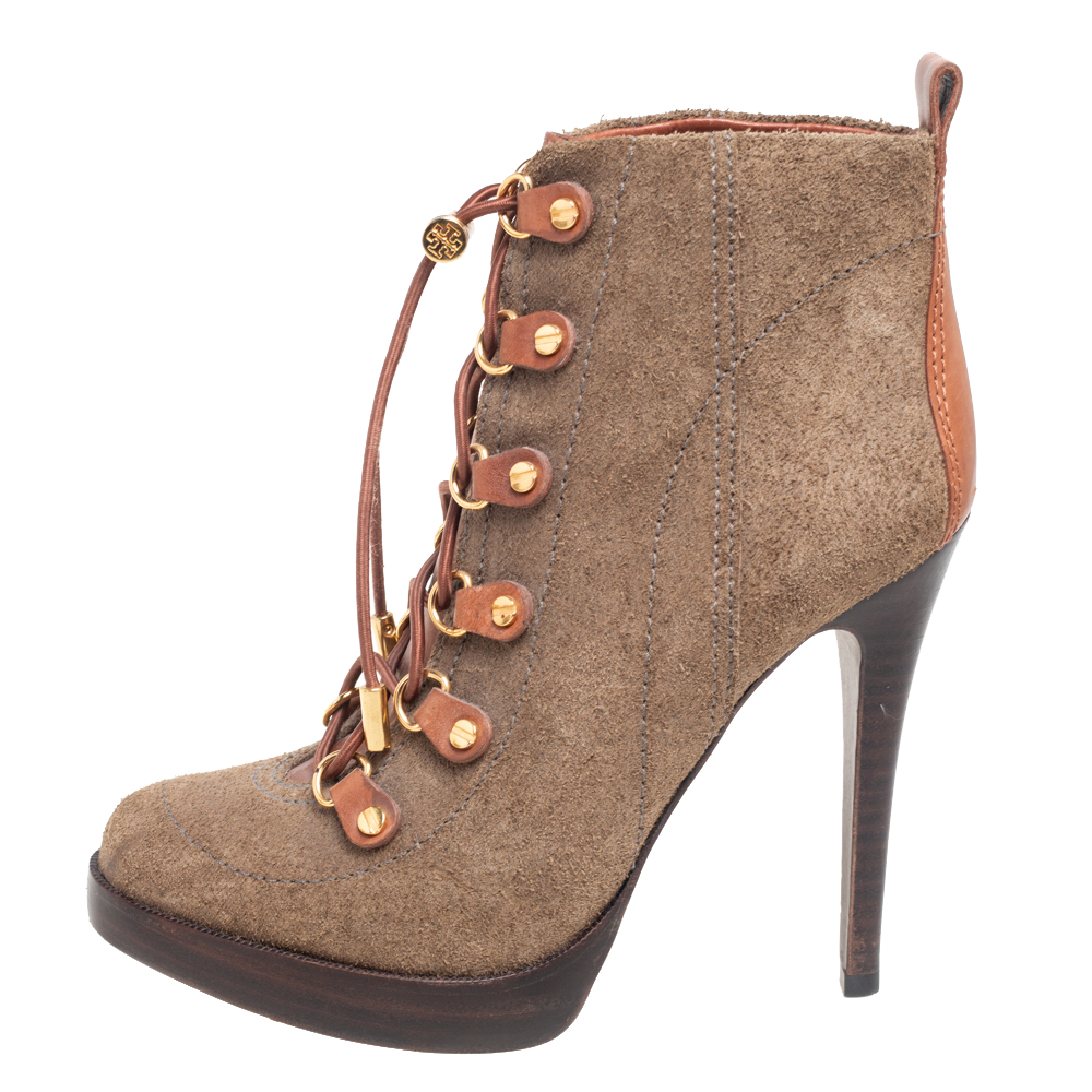 

Tory Burch Brown-Grey Suede And Leather Lace Up Heel Boots Size