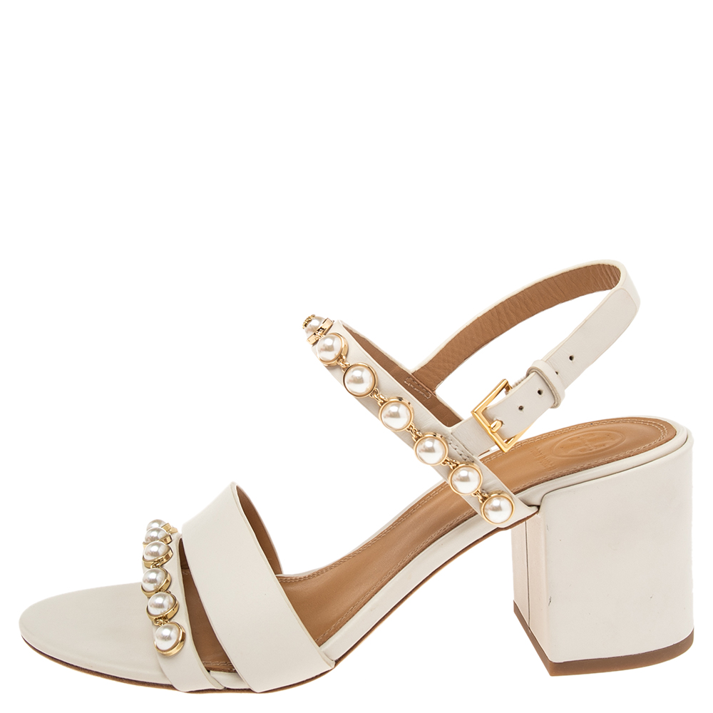 

Tory Burch White Leather Faux Peal Embellished Emmy Ankle Strap Sandals Size