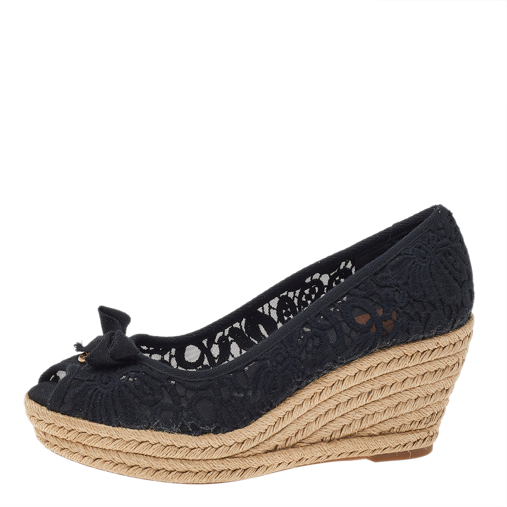 

Tory Burch Black Lace And Canvas Trim Bow Platform Wedge Espadrille Pumps Size