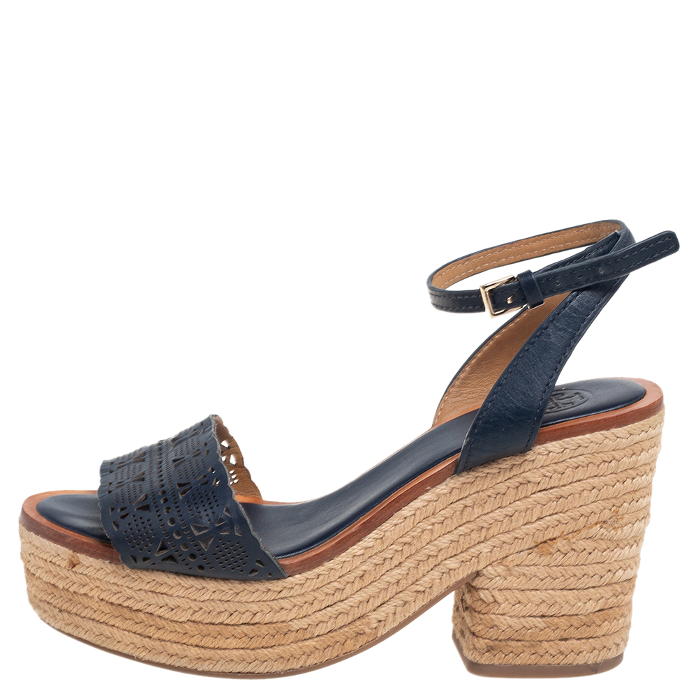 

Tory Burch Navy Blue Laser Cut Leather Espadrille Platform Ankle Strap Sandals Size