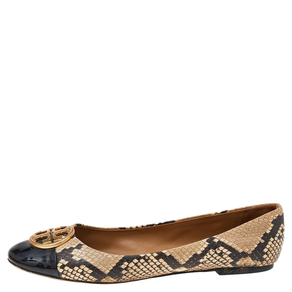 

Tory Burch Beige/Brown Python Embossed Leather And Black Patent Leather Chelsea Ballet Flats Size