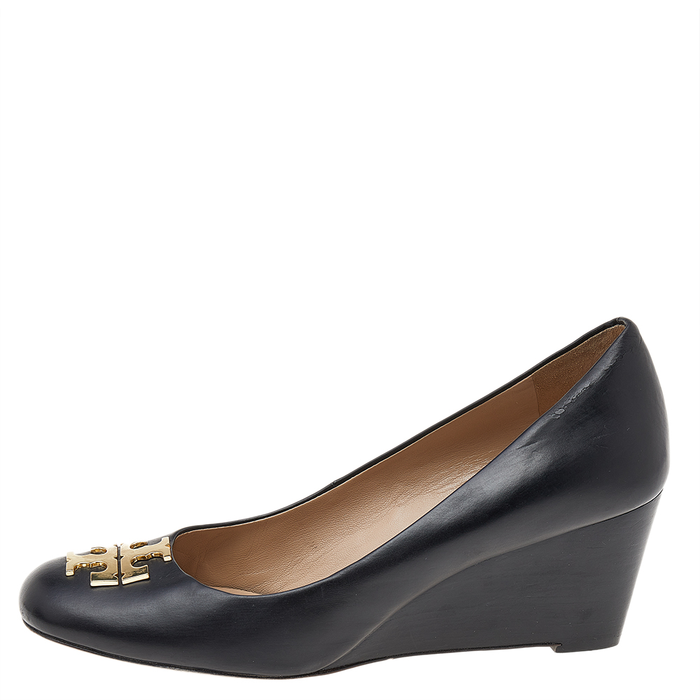 

Tory Burch Black Leather Metal Logo Wedge Pumps Size