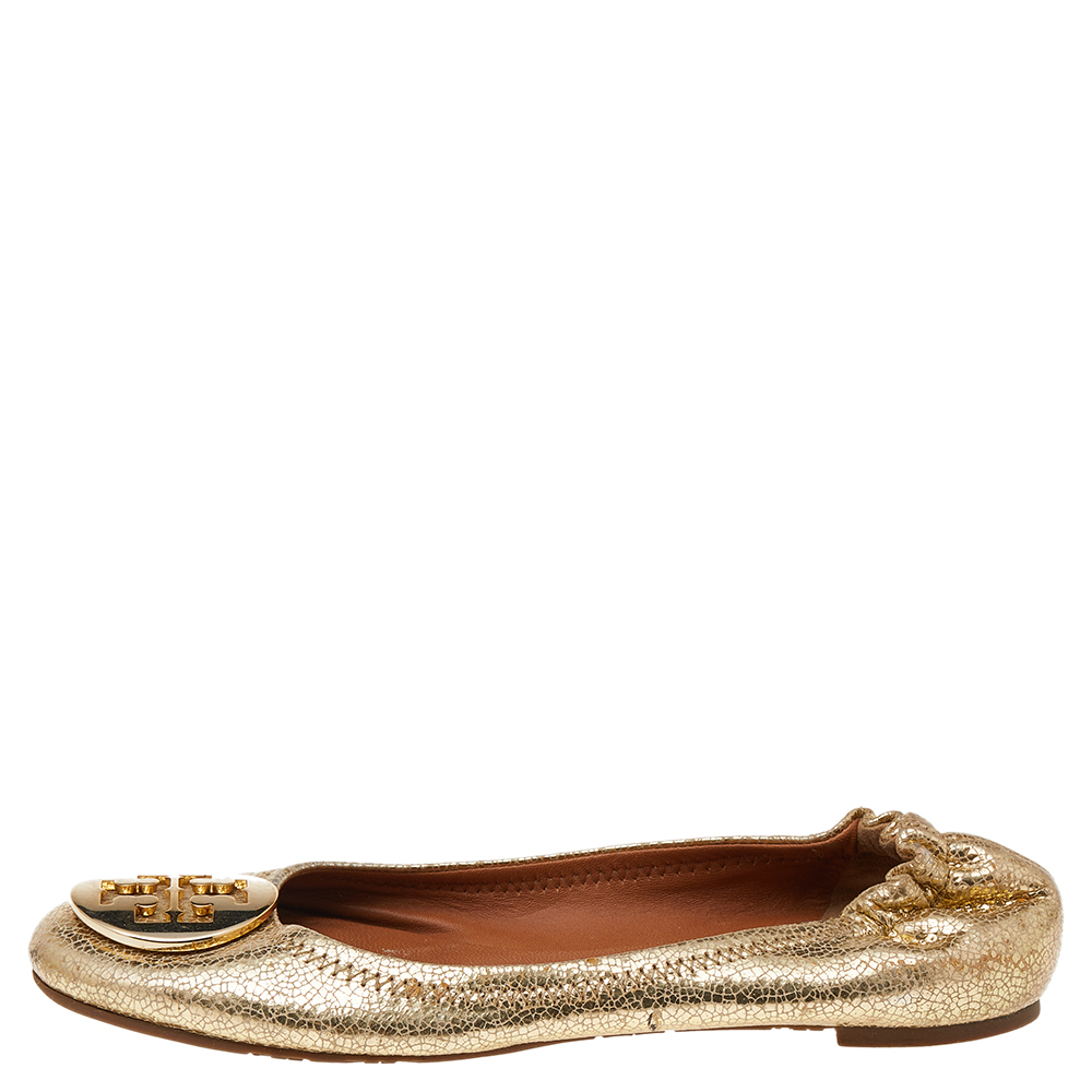 

Tory Burch Metallic Gold Leather Minnie Scrunch Ballet Flats Size
