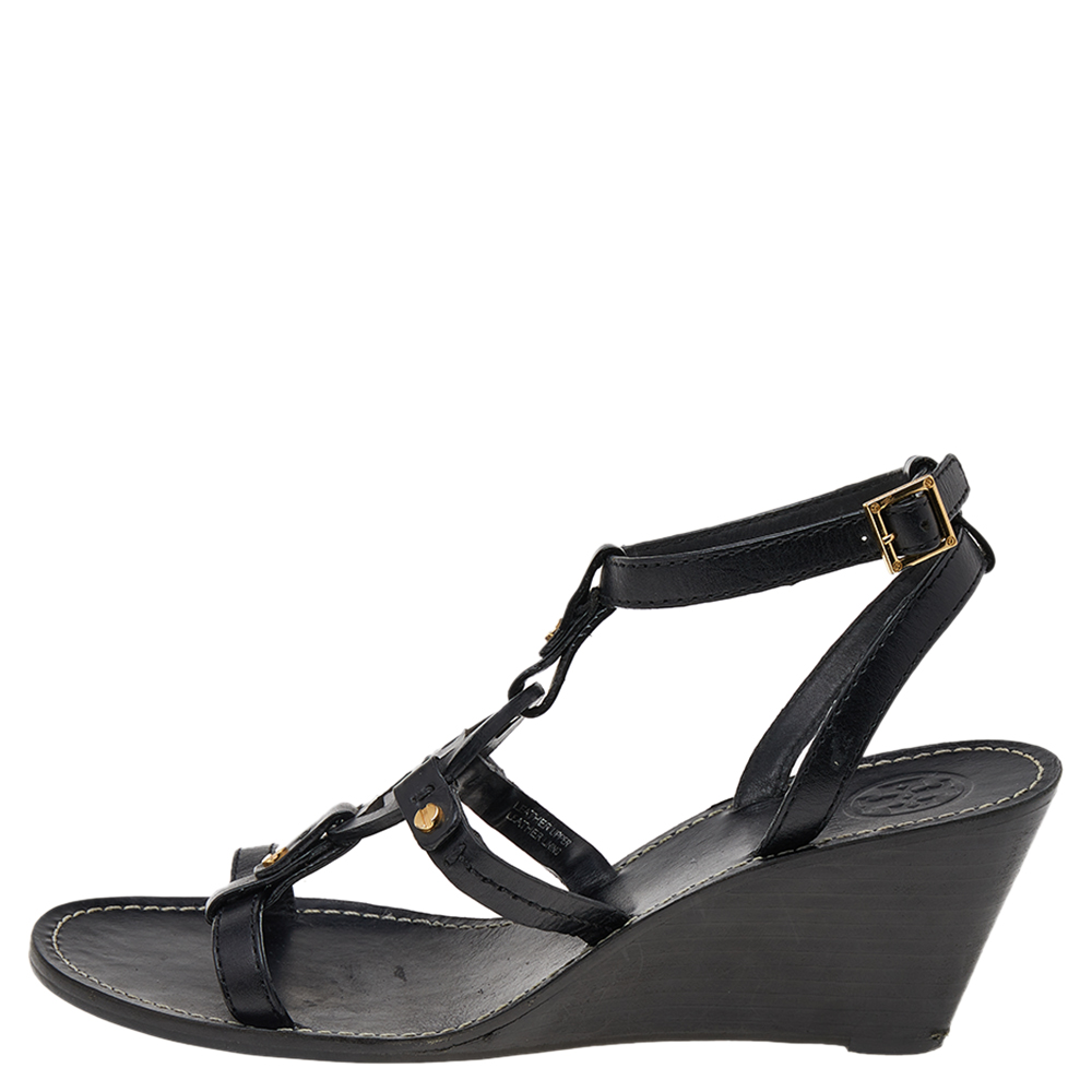 

Tory Burch Black Leather Miller Logo Wedge Ankle Strap Sandals Size