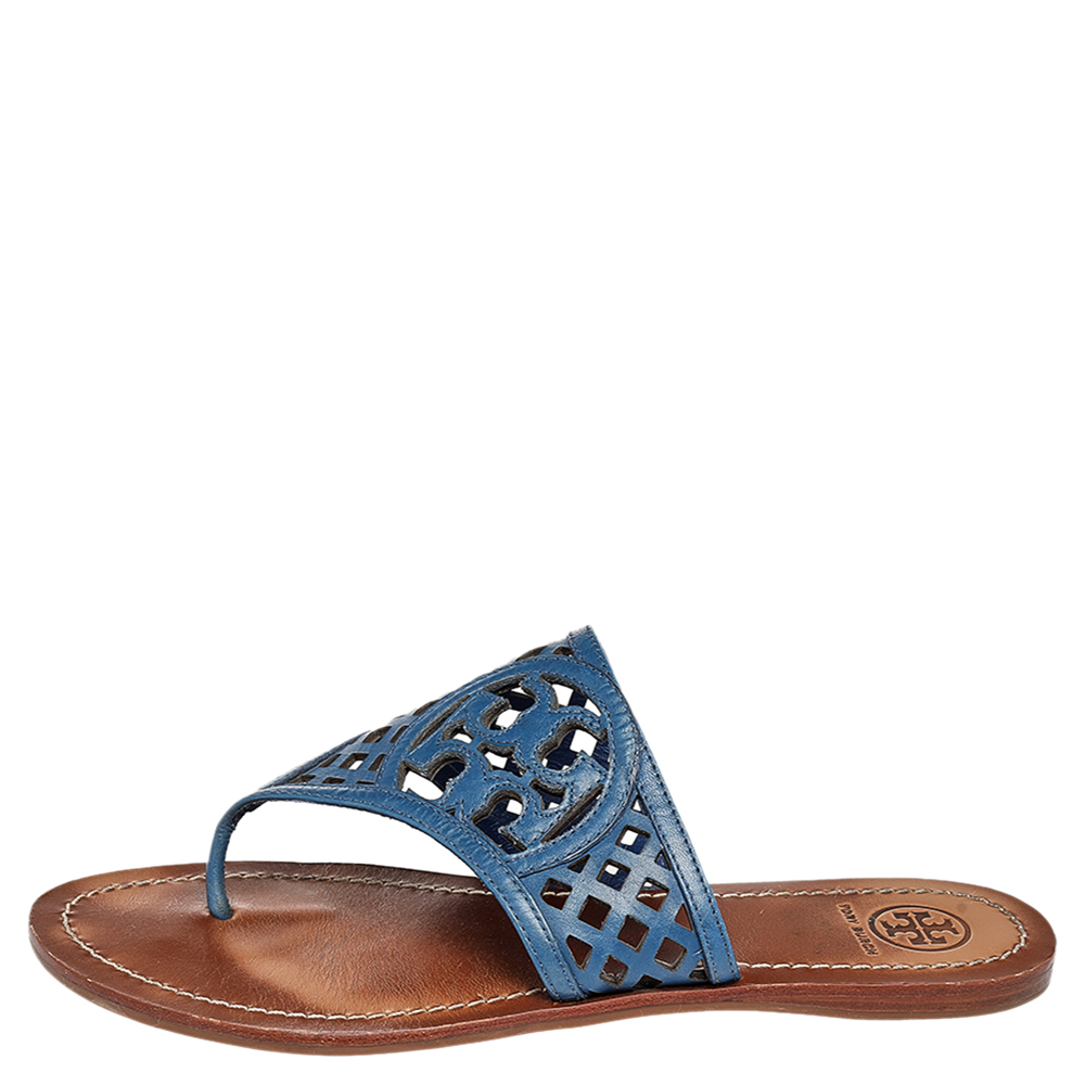 

Tory Burch Blue Laser Cut Leather Thong Flats Sandals Size