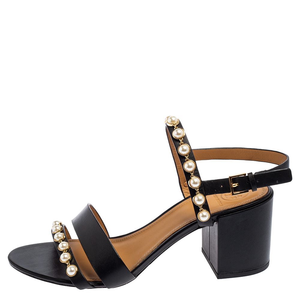 

Tory Burch Black Leather Emmy Pearl Ankle Strap Sandals Size