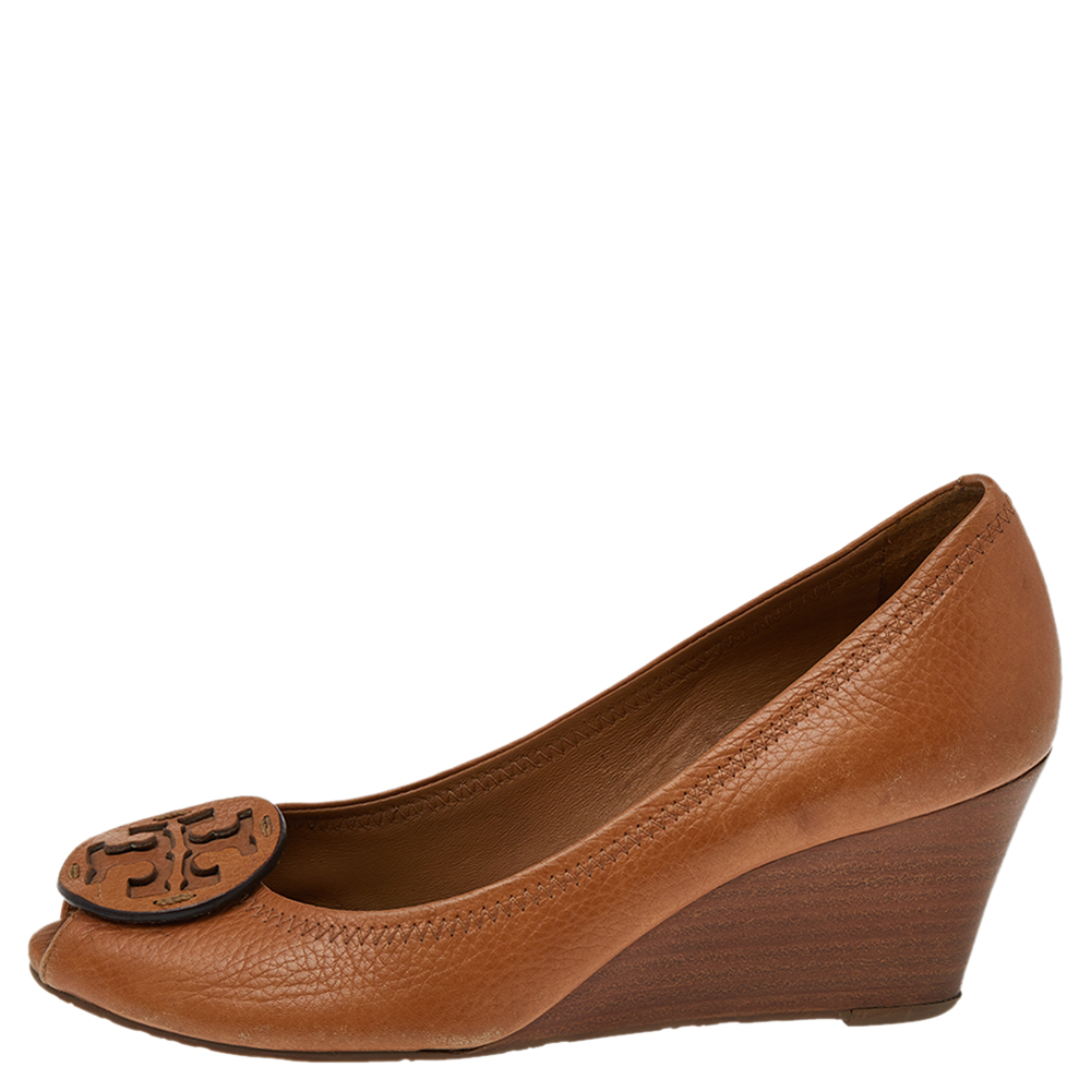 

Tory Burch Brown Leather Peep Toe Wedge Pumps Size