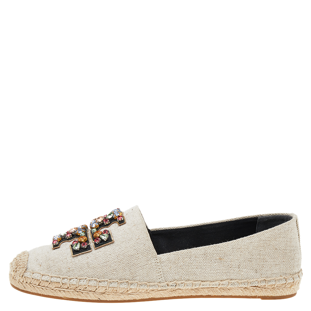 

Tory Burch White Canvas Embellished Espadrilles Flat Size