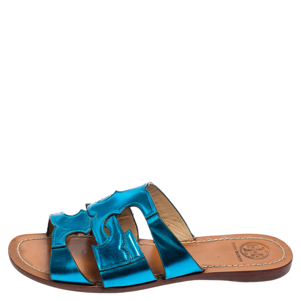 

Tory Burch Metallic Blue Leather Flat Slide Sandals Size