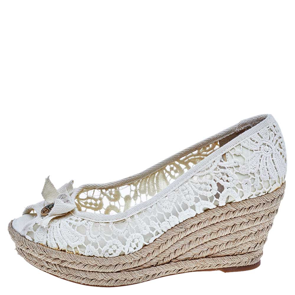 

Tory Burch Beige Lace Jackie Bow Peep Toe Wedge Espadrille Pumps Size