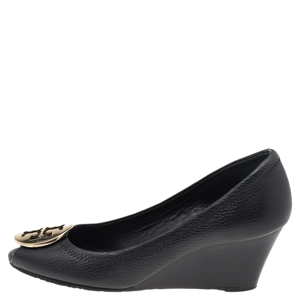 

Tory Burch Black Leather Logo Peep Toe Wedge Pumps Size